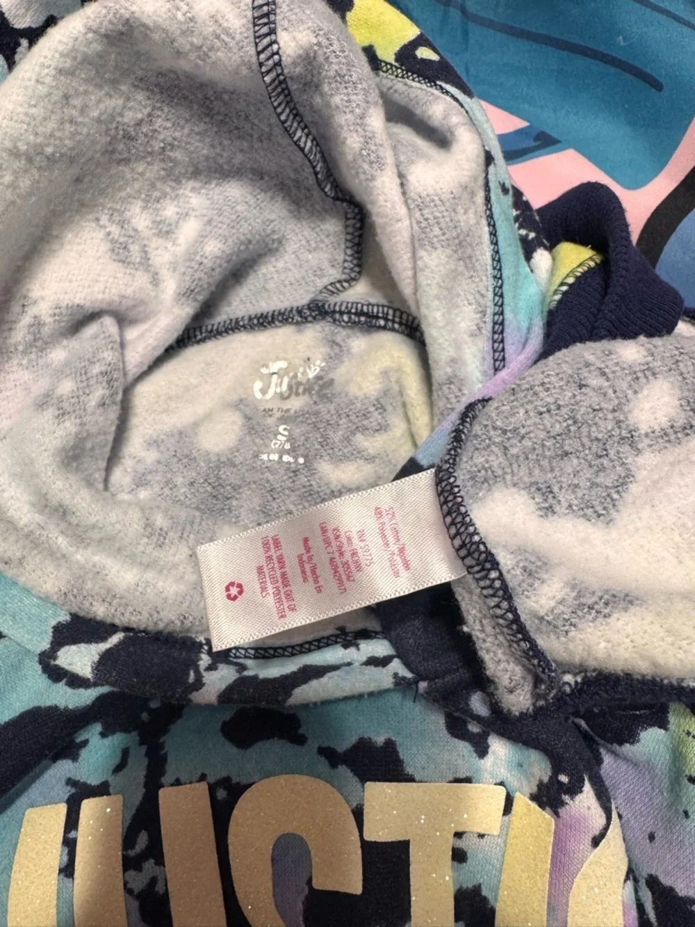 Justice Navy Pullover Hoodie with Pastel Tie-Dye and Gold Logo size S 7/8